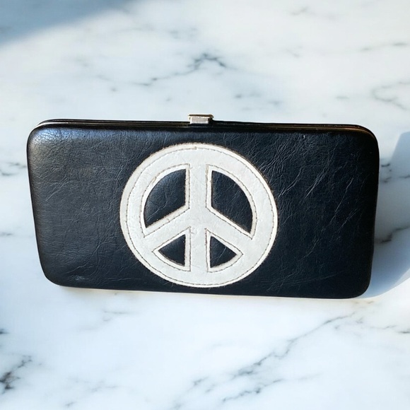 PEACE SIGN Clutch Wallet Silver Interior Clasp Closure Faux Leather Hippie - Picture 1 of 8